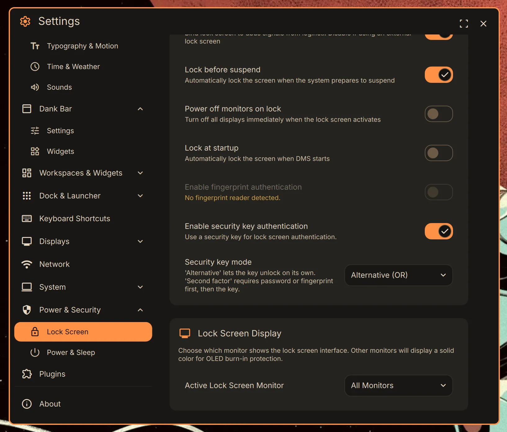 A screenshot of DankMaterialShell settings. We can see the U2F setting set to "OR"